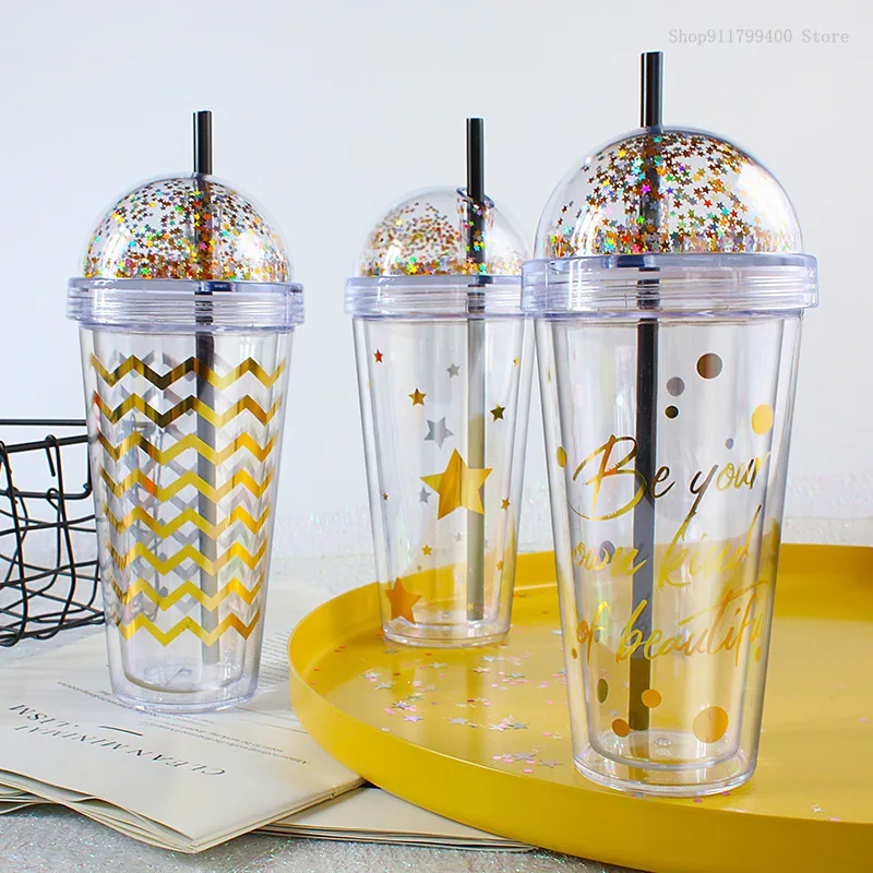 

Fruit cup Milk cup with round top double-wall plastic drink cup with straw Reusable transparent water bottle transparent