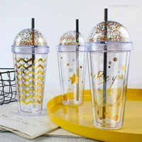fruit cup milk cup with round top double wall plastic drink cup with straw reusable transparent water bottle transparent