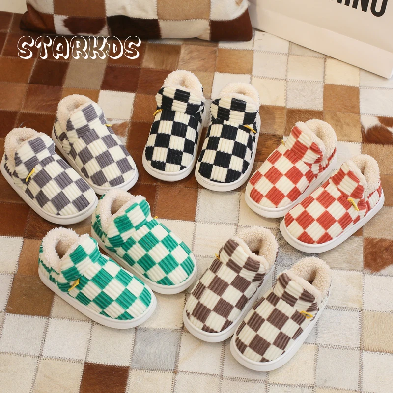 Classic Checkered Ankle Slippers Children Winter Warm Corduroy Home Shoes Boys Girls Thick Sole Plush Loafers Kids Snow  Boots