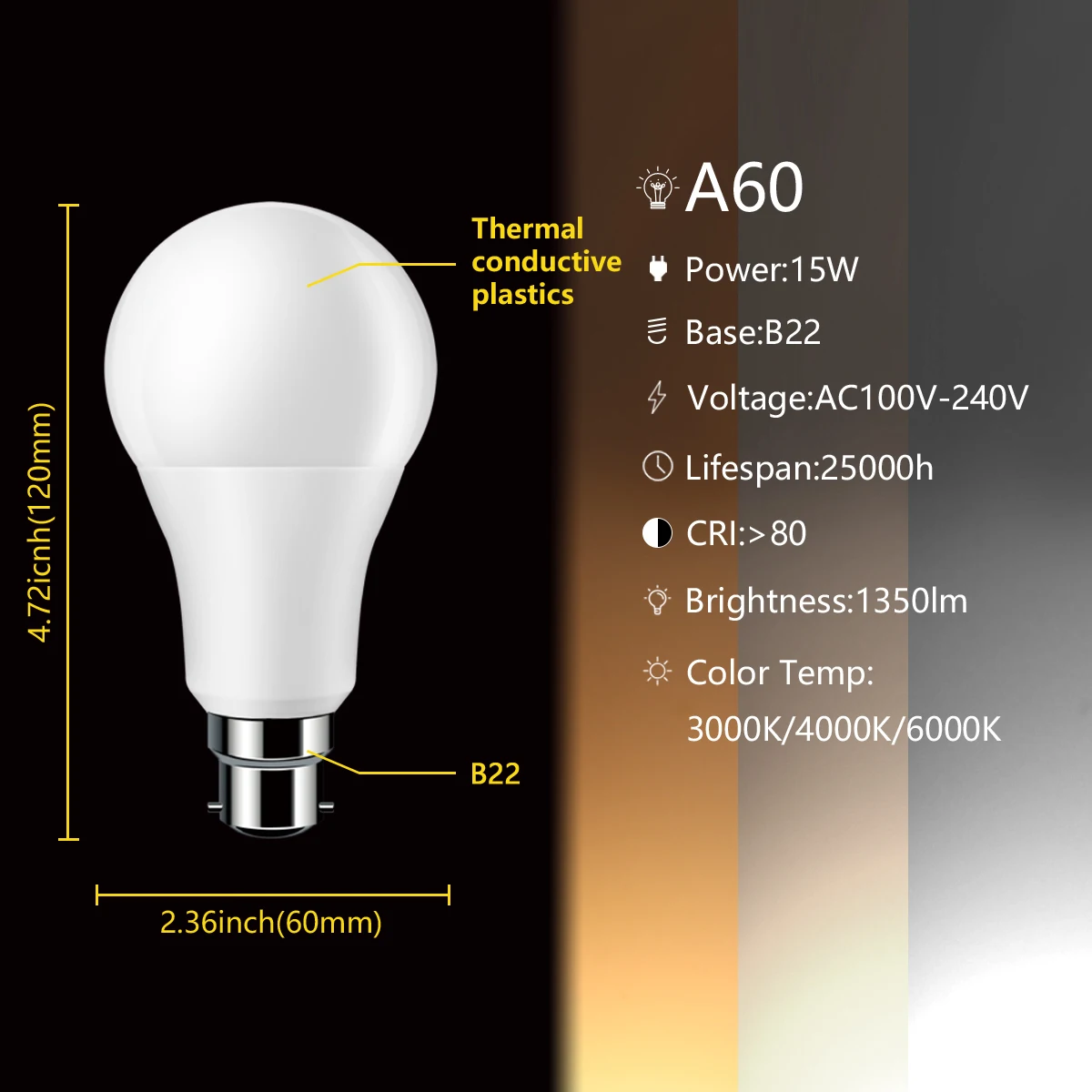 1-10 шт. светодиодные лампы ahorro de Energy A60 AC120V 220V E27 B22 15W 100LM/W супер яркий теплый белый