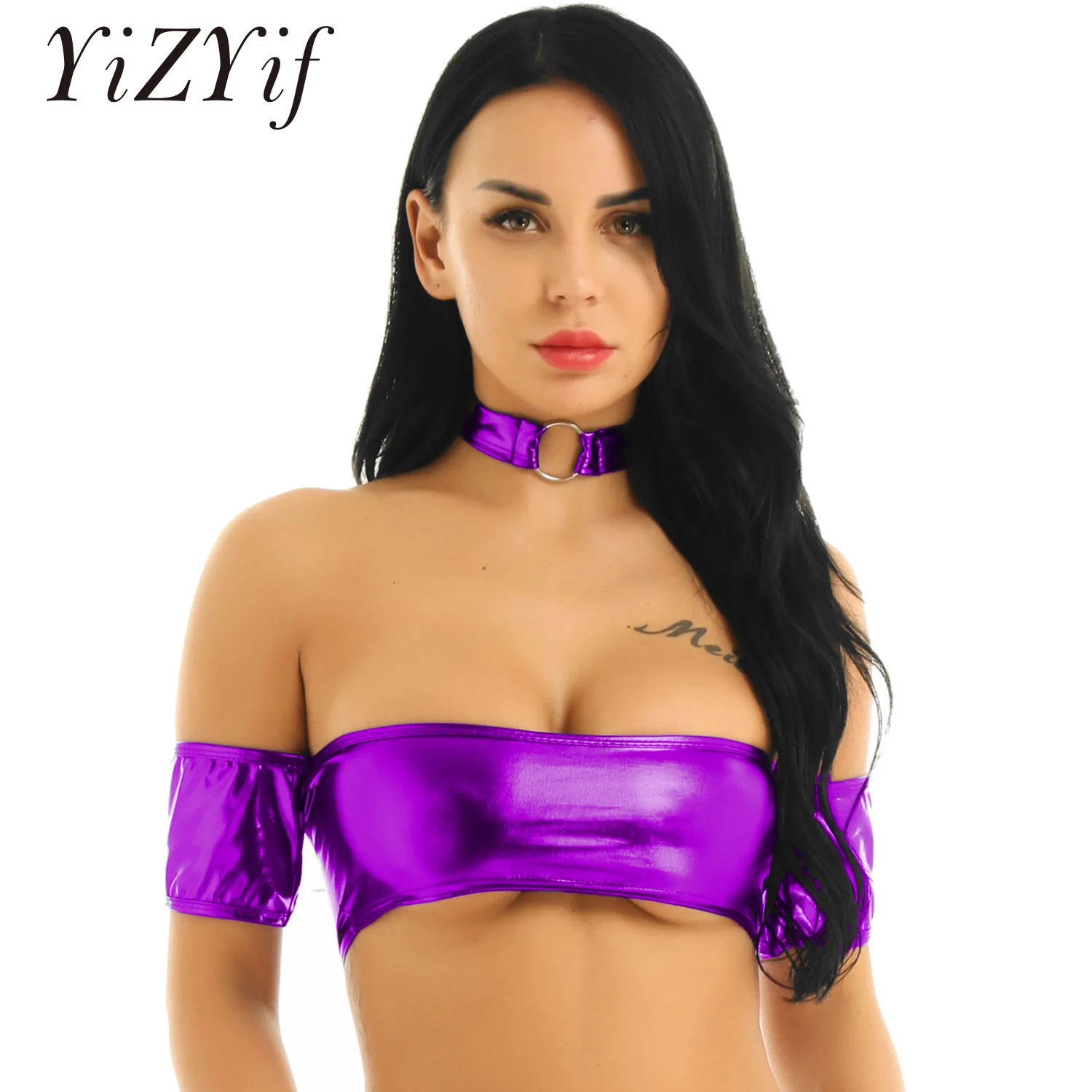 Women Sexy Tops Shiny Strapless Short Sleeves Bandeau Tube Bra Tank Tops with O-Ring Collar Choker Necklace Breast Wrap Blouse
