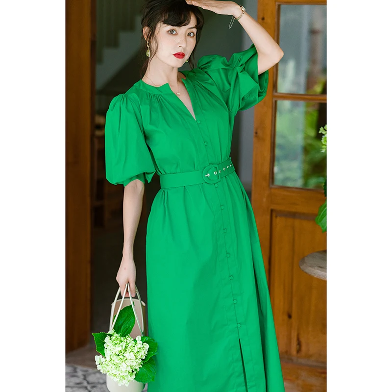 American Temperament Forest Green Bubble Sleeve Waist Cotton Loose Waistband Women's Dress Elegant Row Button Solid Long Skirts