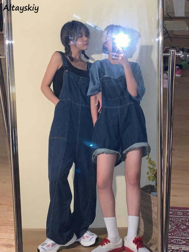 

Rompers Women Denim Solid Wide Leg Thin Summer Cool Harajuku College Korean Style Loose Retro Pockets Casual Basic Trendy Kawaii