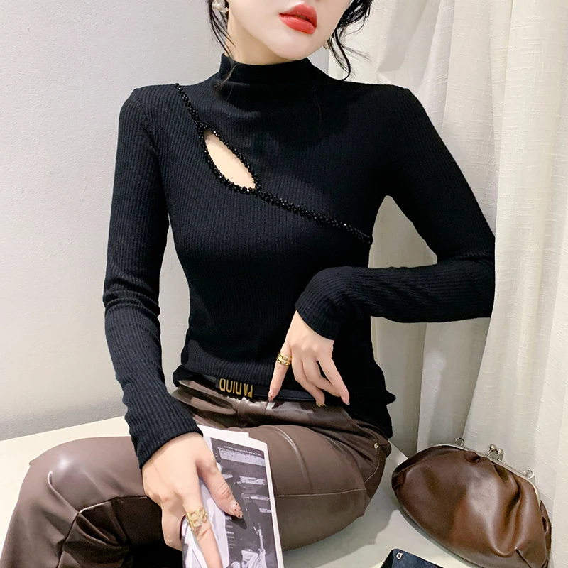 M-3XL Черная водолазка с длинными рукавами женская футболка элегантная тонкая