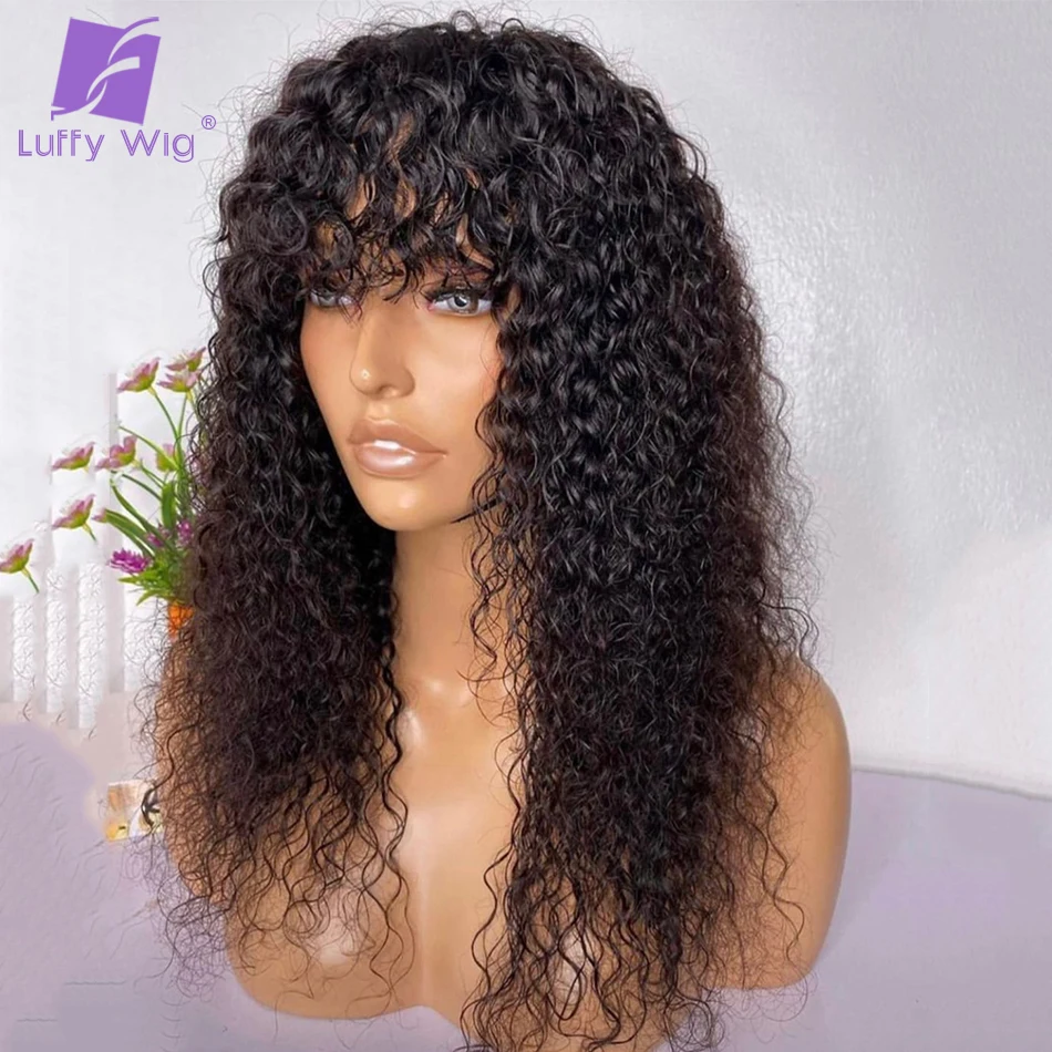 200 Density Water Wave Human Hair Glueless Wigs With Bangs Jrery Curly Full Machine Made Wig Brazilian Remy Cheap Wigs For Women