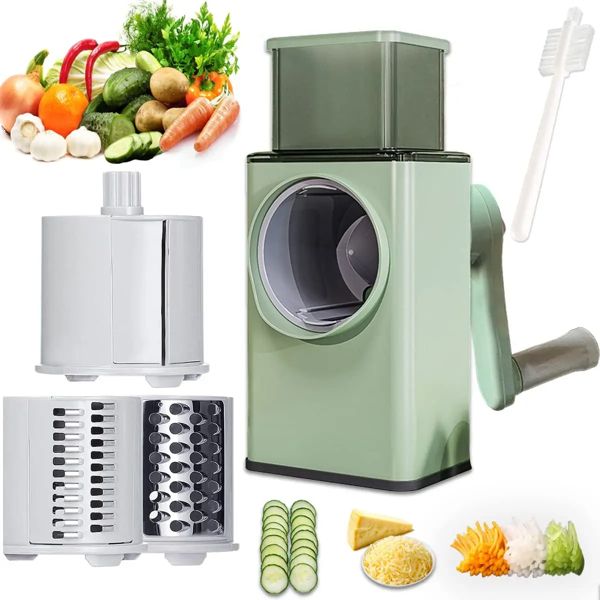 

Upgraded Rotary Cheese Grater with Handle Durable Vegetable Cutter Manual Safe Mandoline Slicer 3 in 1 Vegetable Cheese Shredder