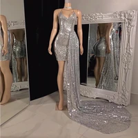 shiny sheath spaghetti strap evening dresses royal train prom dress 2022 summer sleeveless party gown mini robes de soir%c3%a9e new