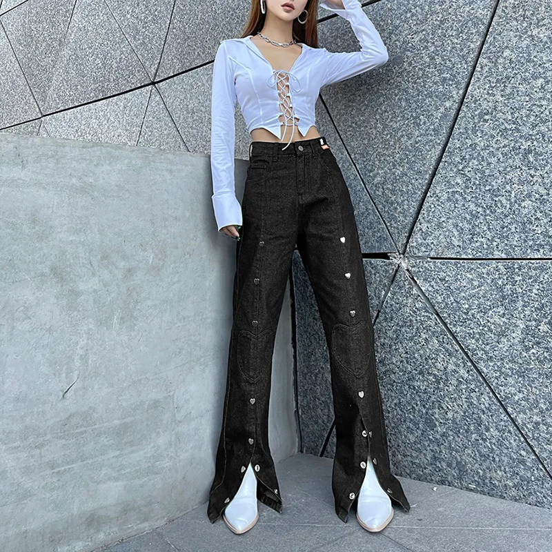 

Indie Heart Button Jeans Women High Waist Solid Colors Wide Leg Pants Spring Autumn Black Y2k 2023 New Vintage Denim Trousers