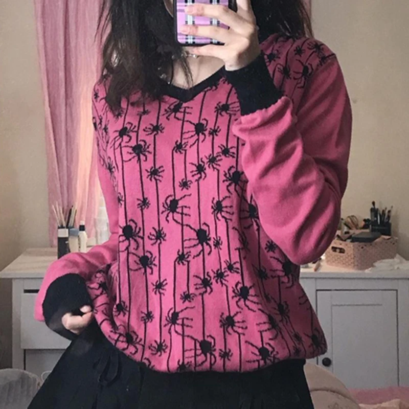 

2000s ретро гранж торговый центр готические пуловеры E-girl Готический узор паука вязаная футболка Y2K эстетичный винтажный свитер Топы футболки