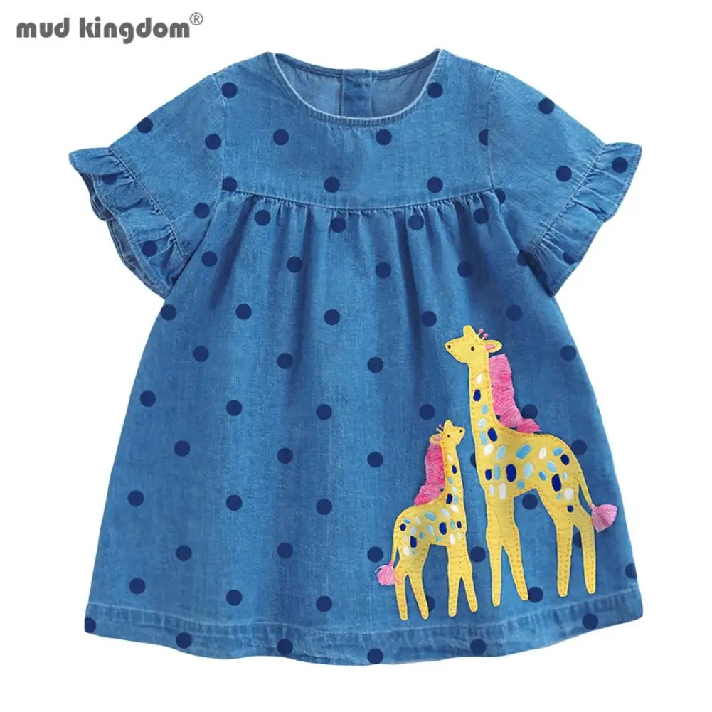 

Mudkingdom Little Girls Dresses Short Sleeve Giraffe Unicorn Embroidered Polka Dot Summmer Girls Denim Dress for Kids Clothing
