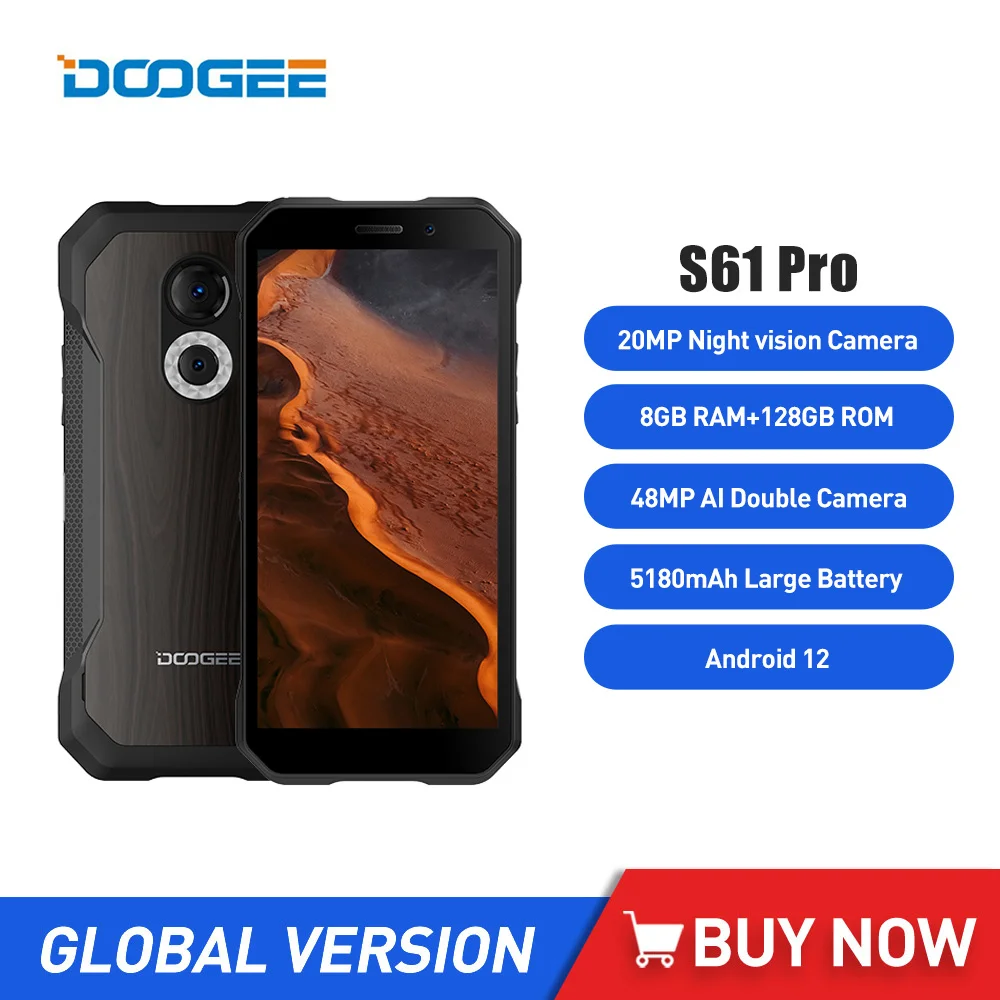 

DOOGEE S61 Pro Rugged Phone 6GB RAM+128GB ROM NFC 20MP Night Vision Camera 5180mAh 6.0" Android 12 Multiple Back Case Design