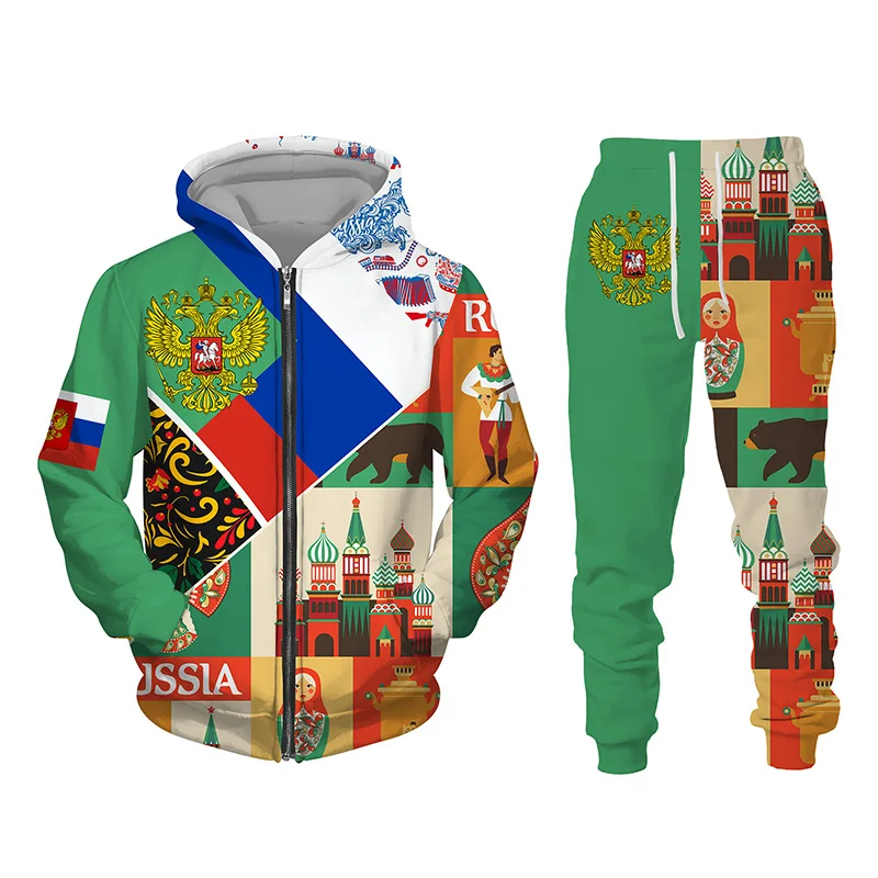 

Спортивный костюм для мужчин и женщин, толстовка с капюшоном на молнии и штаны, российский флаг, 3d-принт, оверсайз, модная повседневная одежда