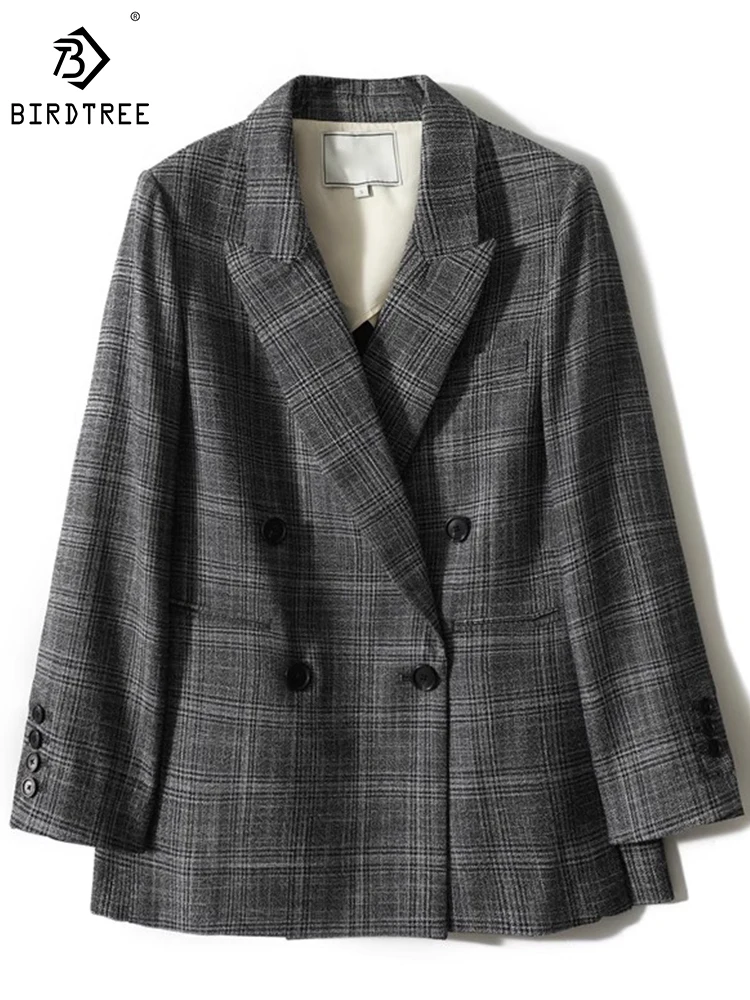 

Birdtree 50.6% Sheep Wool Tweed Suit Vintage Plaid Double-Breasted Temperament Elegant Commute British Style Coat Women C39822QD