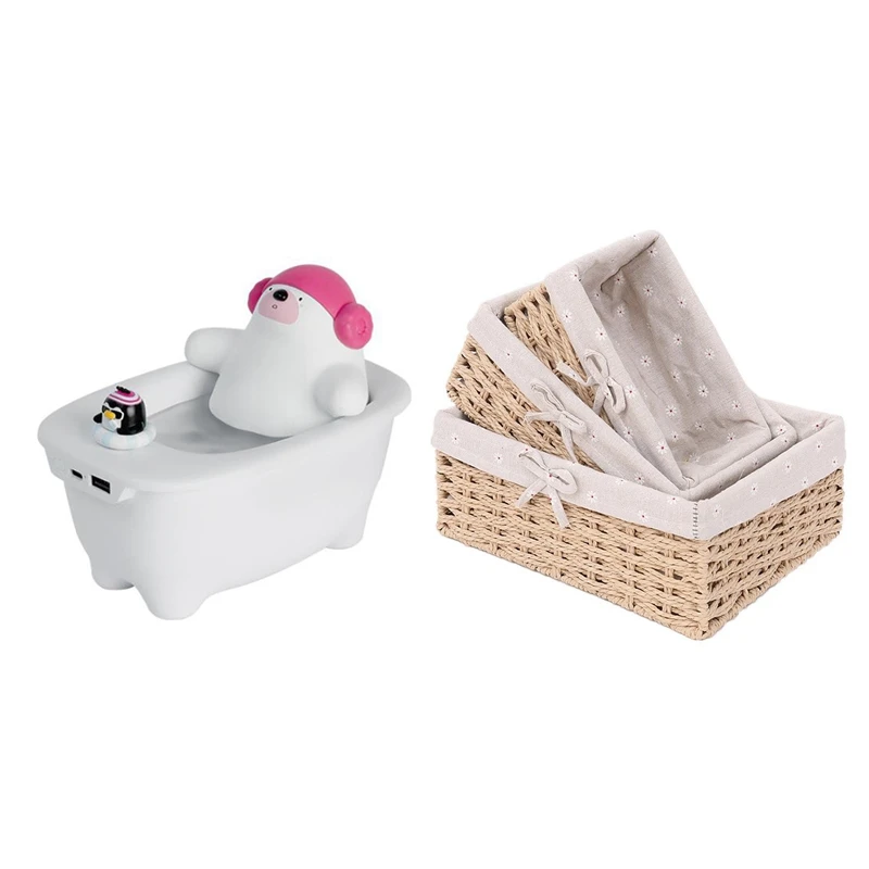 

1set 550Ml Air Humidifier USB Bear Shaped Essential Oil Aroma Diffuser & 3Pcs Handmade Rattan Storage Baskets