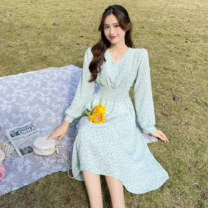 

WEIHAOBANG 2022 Spring Autumn Women's New Design Color Chiffon Medium And Long Skirt Long Sleeve V-neck High Waist Slim Dress