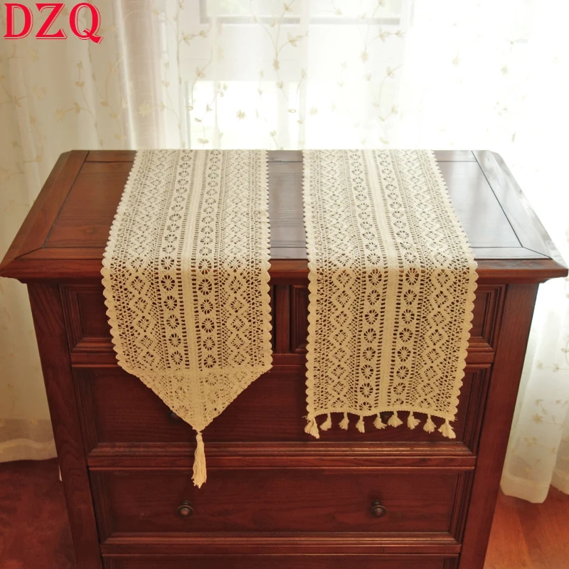 

Bohemian Beige Woven Hollow Crocheted Table Runner Living Room TV Cabinet Tablecloth Handmade Cotton Tablecloth Home Deco #Q002