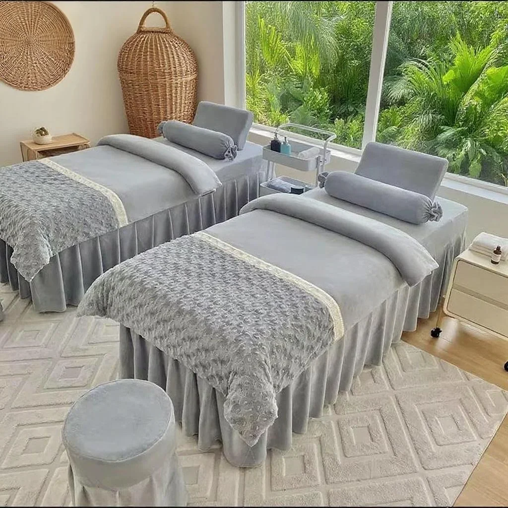 Фото 3D Розы, Молочный Велюр, Массажная Спа-Постельная Простыня + Пододеяльник + Наволочка + Чехол на Табурет, Комплект Постельного Белья из 4 Предметов для Салона Красоты, Теплый Зимний №2