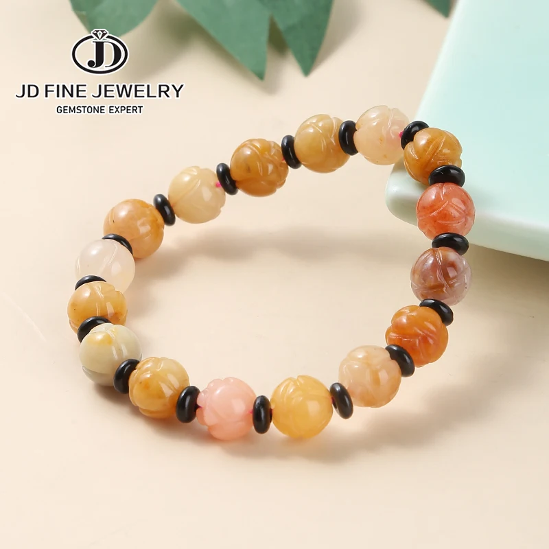 

Браслет на удачу из тибетских буддистских ниток JD ручной работы, 10 мм, бусины из нефрита натурального золотого цвета, резной цветок, браслет ...