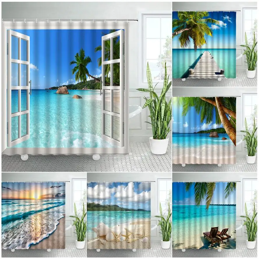 

Landscape Bathroom Shower Curtains Ocean Beach Palm Trees Conch Nature Hawaii Island Scenery Waterproof Fabric Bath Curtain Sets