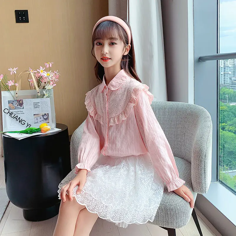 

Новинка 2022, блузка для девочек на весну и осень, Однотонные блузки, детская повседневная одежда, детская хлопковая рубашка с длинным рукавом...