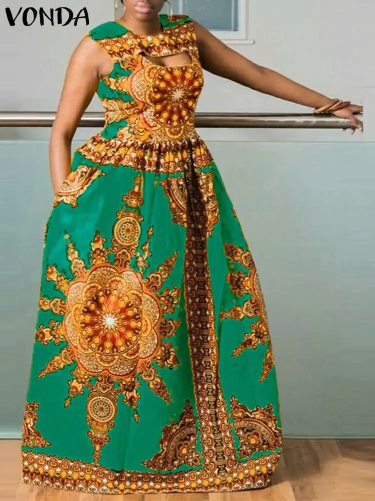 

VONDA Women Dress 2023 Sexy Sleeveless Bohemian Printed Maxi Party Sundress Beach Vestidos Sexy Floor-Length Dress Oversized