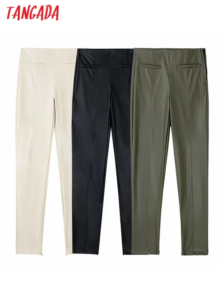 

Tangada 2022 women beige faux leather leggings female long pants ladies trousers high street female casual bottom JE235