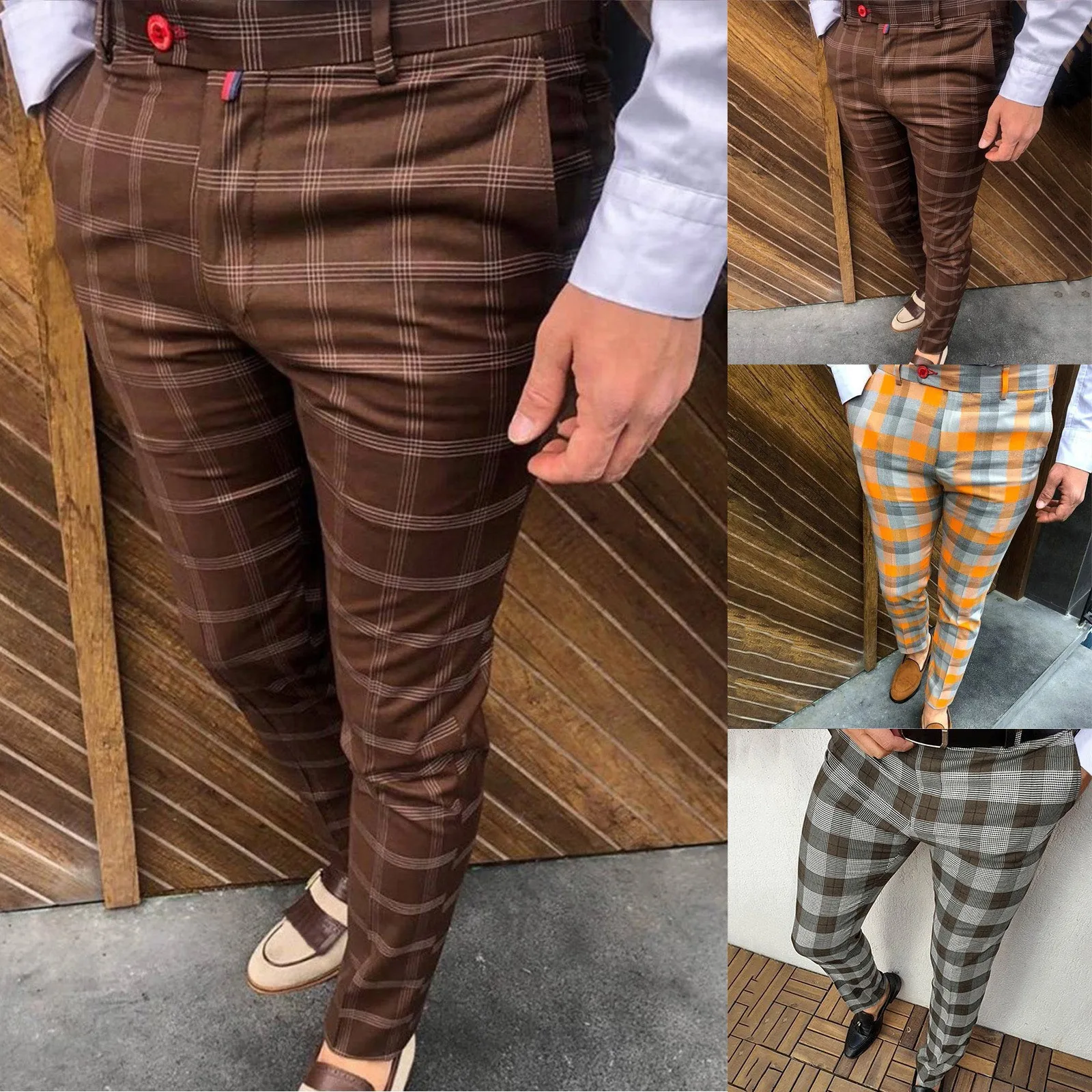 

Men's Casual Plaid Print Party Suit Pants Stretch Feet Pants With Pockets