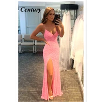 spaghetti straps prom dress high split evening dresses sequin wedding party dresses lace up back evening gown celebrity dresses