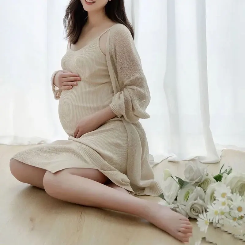 

Knitted Maternity Dress Cardigan Set For Pregnant Women Spaghetti Stretchy Maternity Photography Dresses Pregnancy Photo Shoot