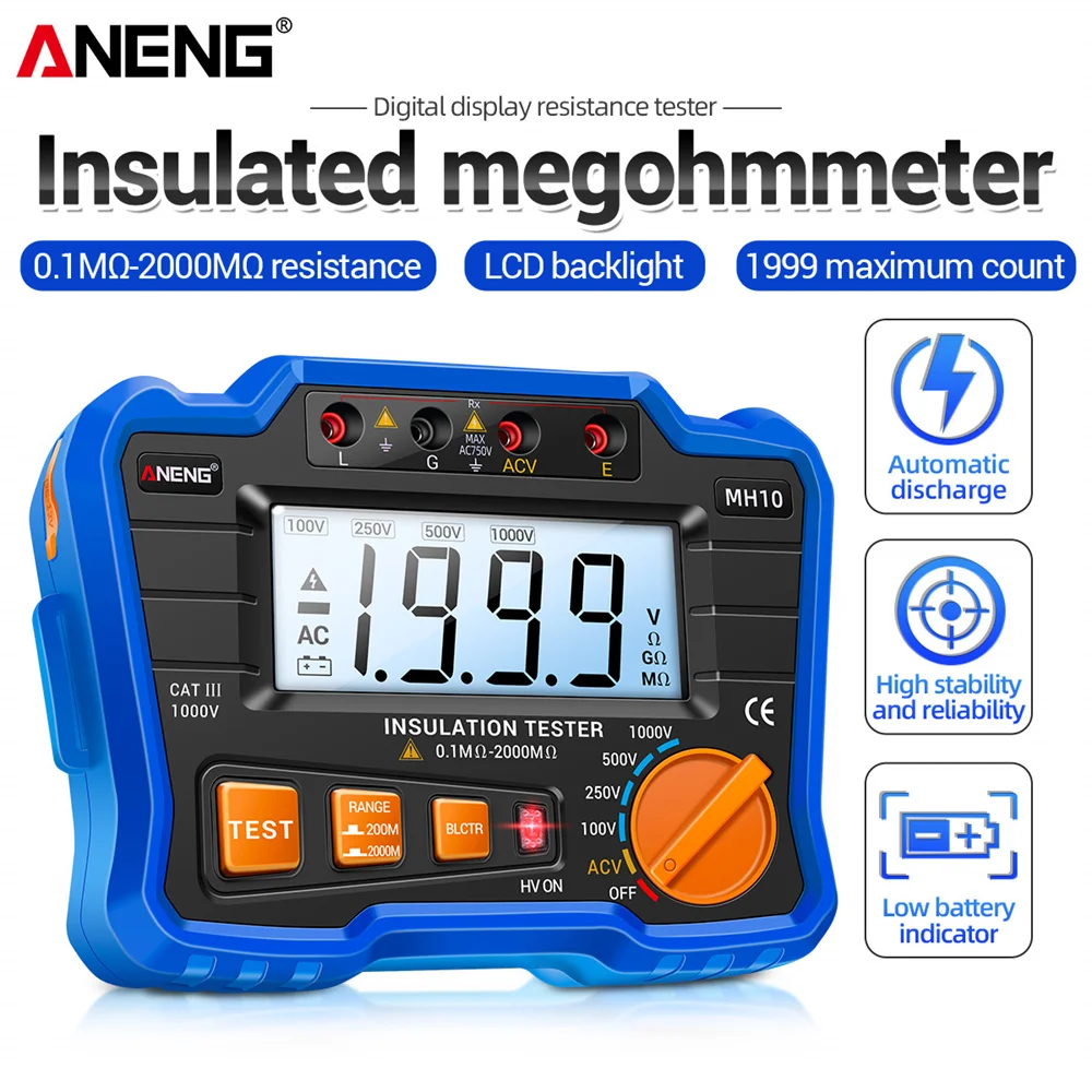 ANENG MH10 Digital Megohmmeter Meter 100/250/500/1000V Insulation Earth Resistance Meter Tester Cable Voltmeter Megger Meter