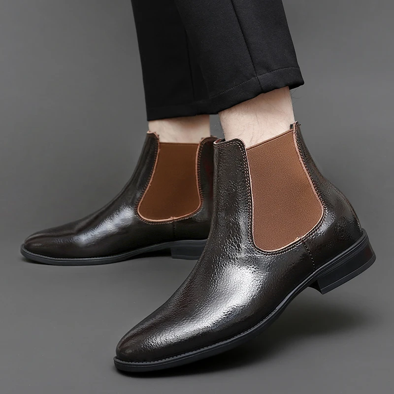 

Мужские кожаные ботинки челси, коричневые брендовые дизайнерские ботинки, повседневные теплые плюшевые деловые ботильоны, большой размер, зима 2023