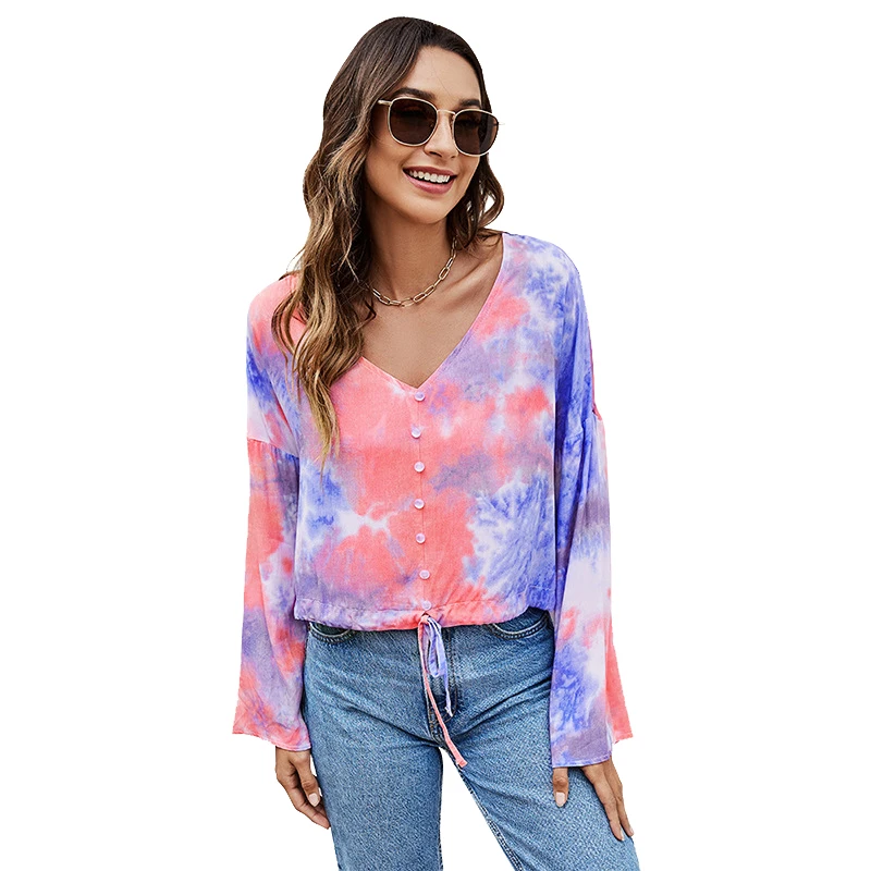 

CYDNEE Youth Tie-dye New Autumn Casual Tops Shirt Loose Long-sleeved Women's T-shirt Single-breasted Pullover Women's Clothing