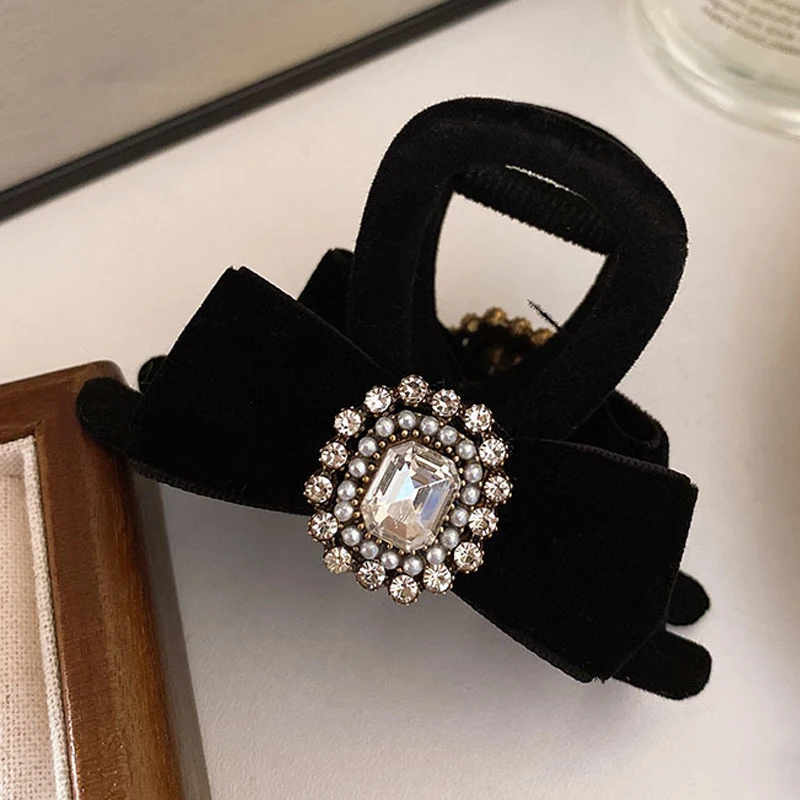 Заколка для волос с бантом из стразов во французском стиле ретро бархатная