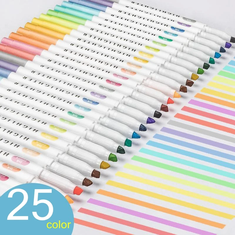 

25 Colors Double Headed Highlighter Pen Art Markers Kawaii Japanes Color Fluorescent Pens School&Office Stationery Supplies