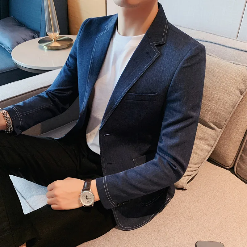 2022 Fashion Denim Blue Blazers Men Slim Fit Casual Suit Jacket Business Social Dress Coat Wedding Groom Tuxedo Blazer Masculino