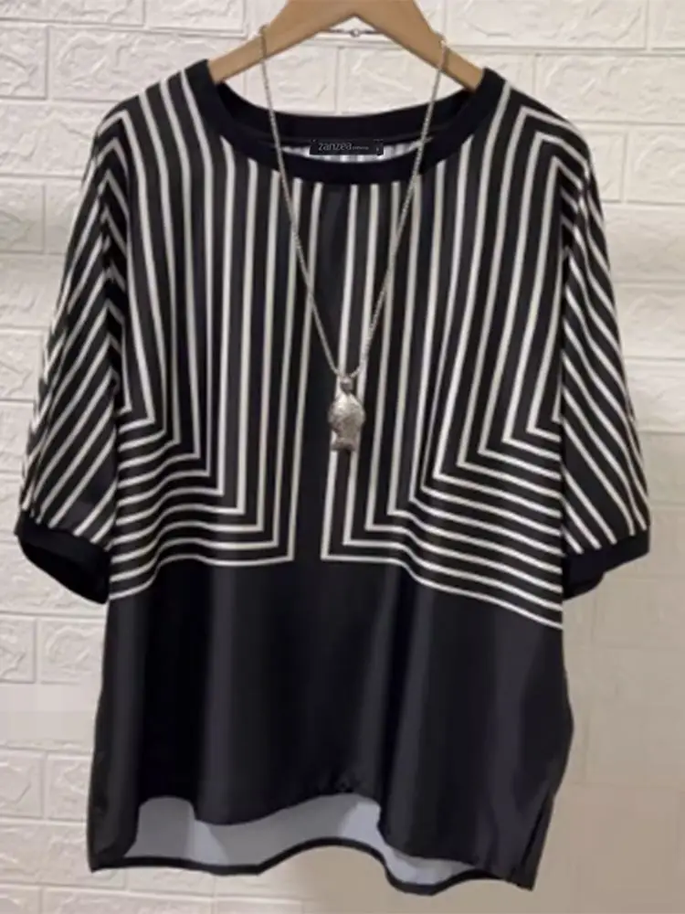 Блузка ZANZEA женская с коротким рукавом праздничная принтом в полоску топ круглым