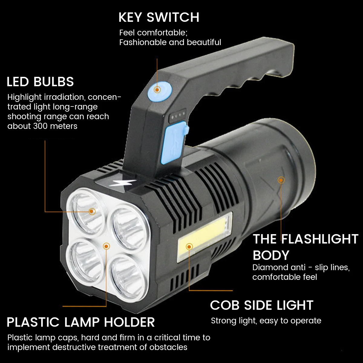 

New LED Searchlight for Outdoor with 4 LEDs Spotlight 1200mAh USB Chargeable Strong Light Torch Life-grade Waterproof Flashlight
