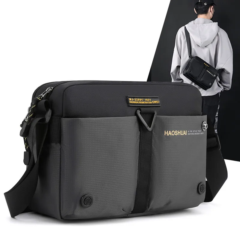 Nylon Crossbody Shoulder Bags Men Gray Messenger Multilayers Pockets Light Minimalism Fashion Style Multifunction Brief Design