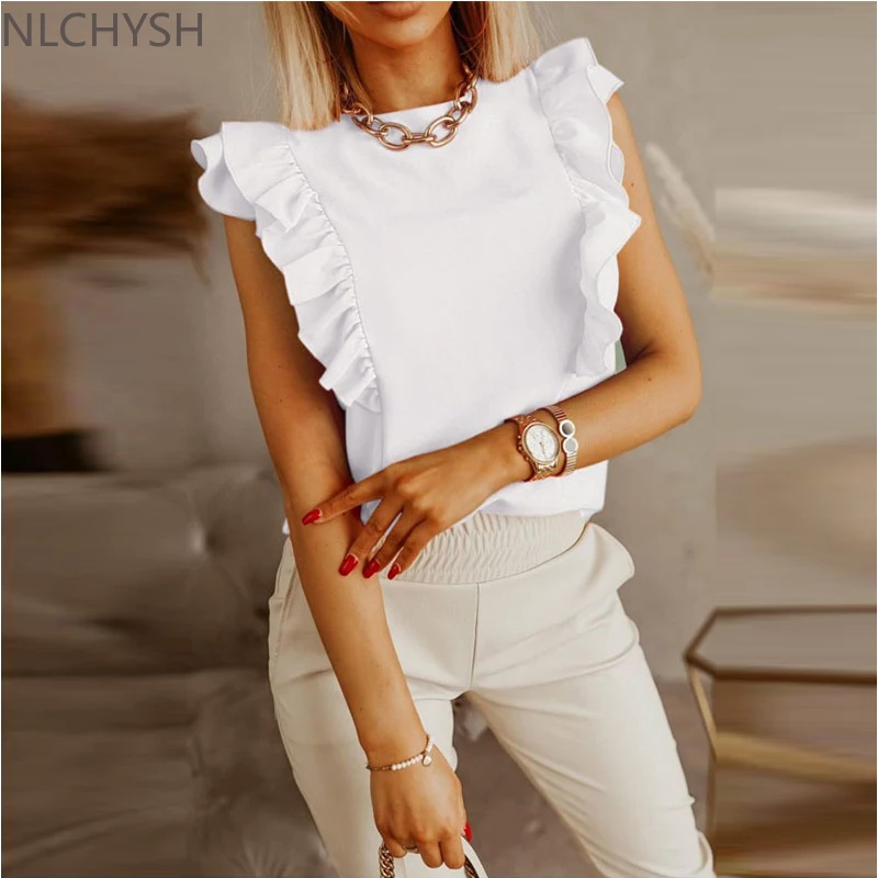 

Sleeveless Women White Shirt Ruffles Backless Lace Up Blouse Solid O-neck Lady Shirts 2022 Summer Loose Casual Fashion Top