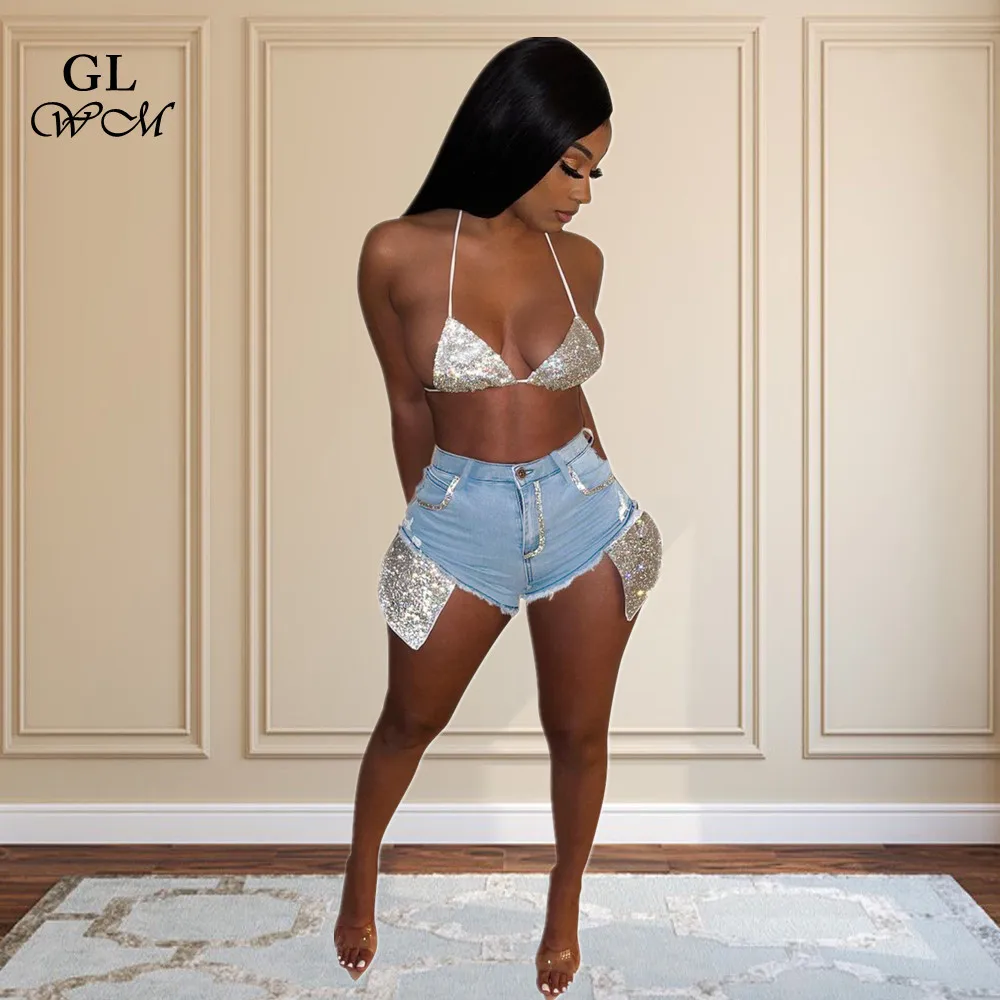 

S-2XL Ladies Casual Jeans Shorts Sexy Women's Clothing 2022 Denim Sequins Shinning Washed Pants Wolesale Dropshipping