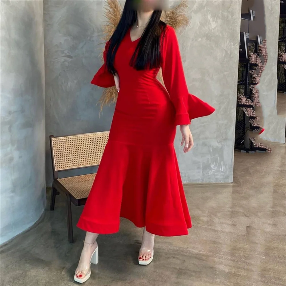 

MINGLAN Classic V Neck Pleat Long Sleeve Mermaid Long Ruffles Evening Dress Ankle Length Sexy Fashion Formal Prom Gown New