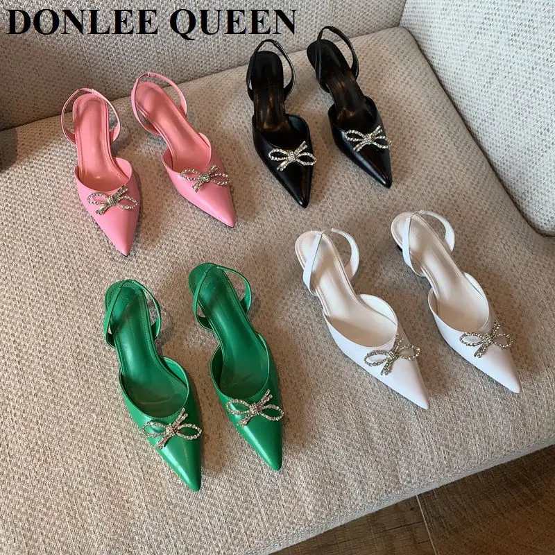

Women sandals Elegant Pointed Toe Rhinestones Low Heels Wedding Shoes New Fashion Slingback Pumps Brand Sandal Casual Mule Mujer