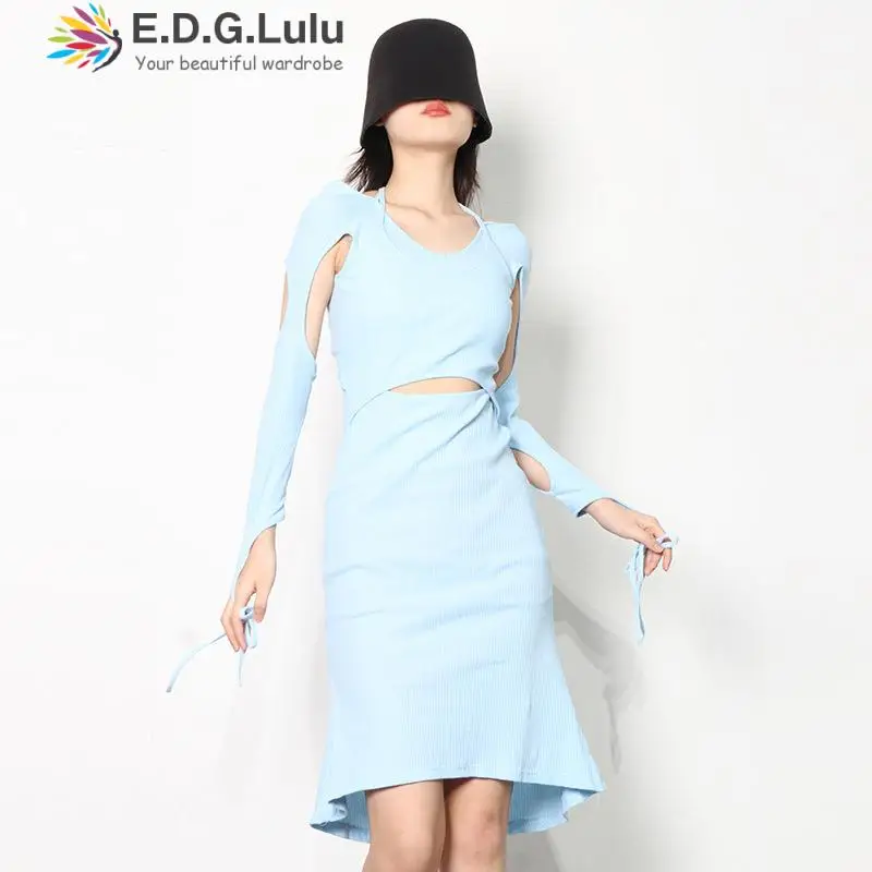 

EDGLuLu Весна 2022 женское модное платье со шнуровкой с круглым вырезом вырезами длинными рукавами светло-голубое черное белое пикантное платье ...