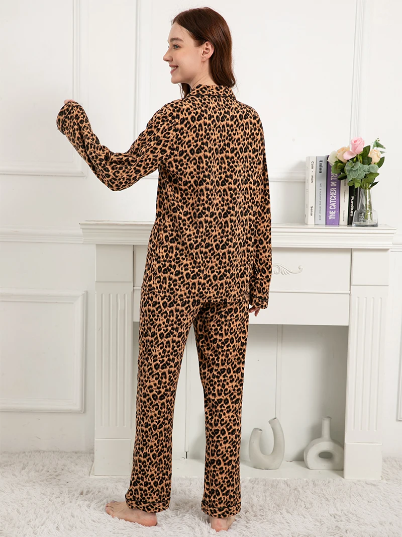 Plus Size S-3XL Leopard Print Women's Home Clothes 2 Piece Sets Loose Long Sleeve Pajamas Female Casual 100% Viscose Sleepwear