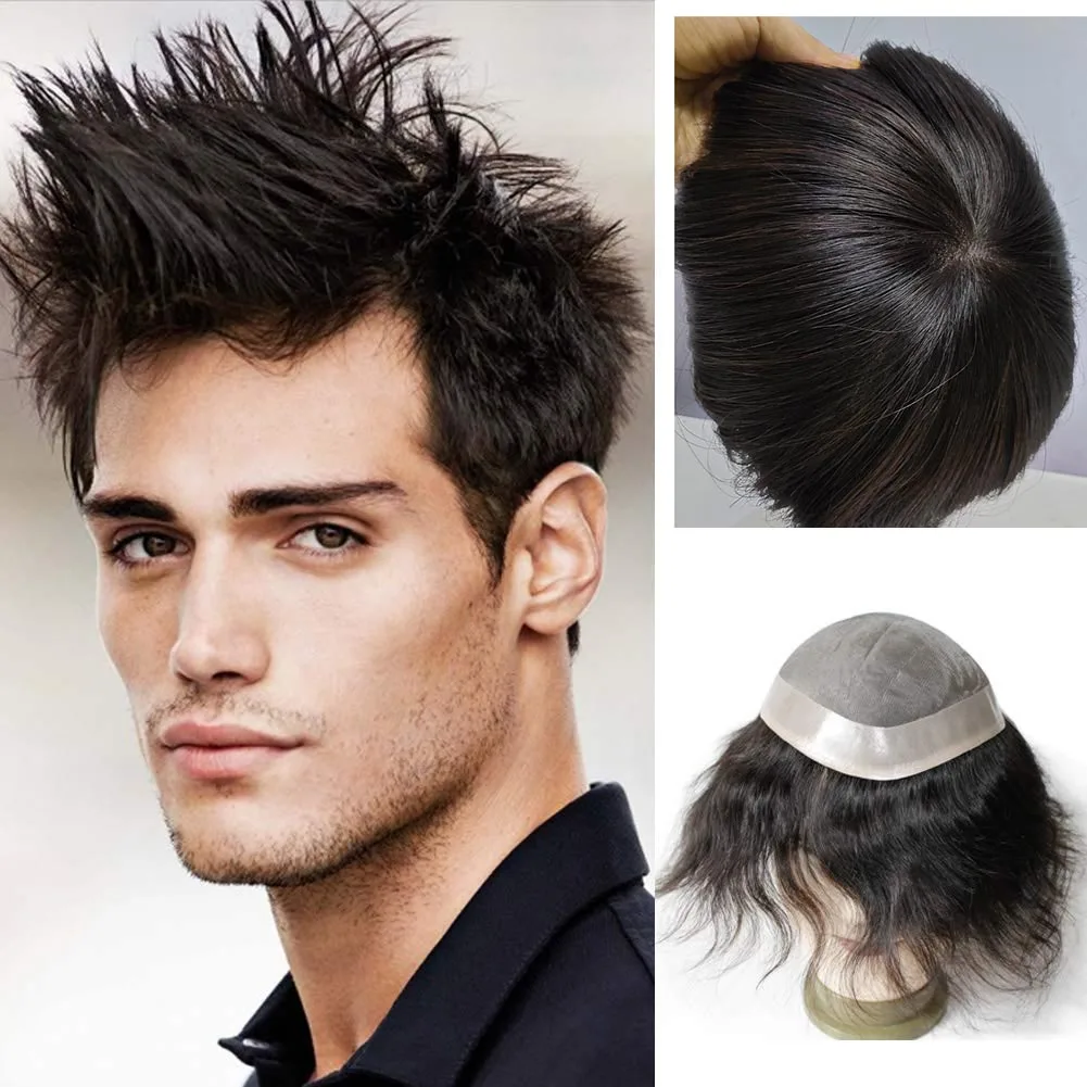 6*8 Black Color Men Hair System Wig Men Hairpieces Silky Straight Mono Base Toupee Brazilian Remy Human Hair Replacement