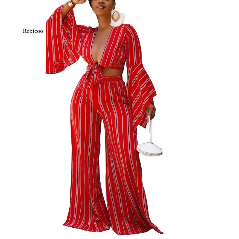 

2022 Spring Summer Women Stripe Two-Piece Suits Flare Sleeve Bandage V-Neck Crop Tops Wide Leg Pants Sets Fashion New