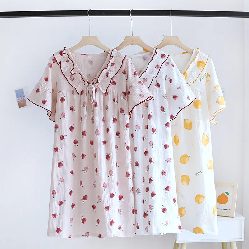 

Женская летняя ночная рубашка с коротким рукавом, хлопковые марлевые ночные рубашки для милой девушки, Цветочная юбка, тонкая ночная рубашка с V-образным вырезом, сексуальная ночная одежда