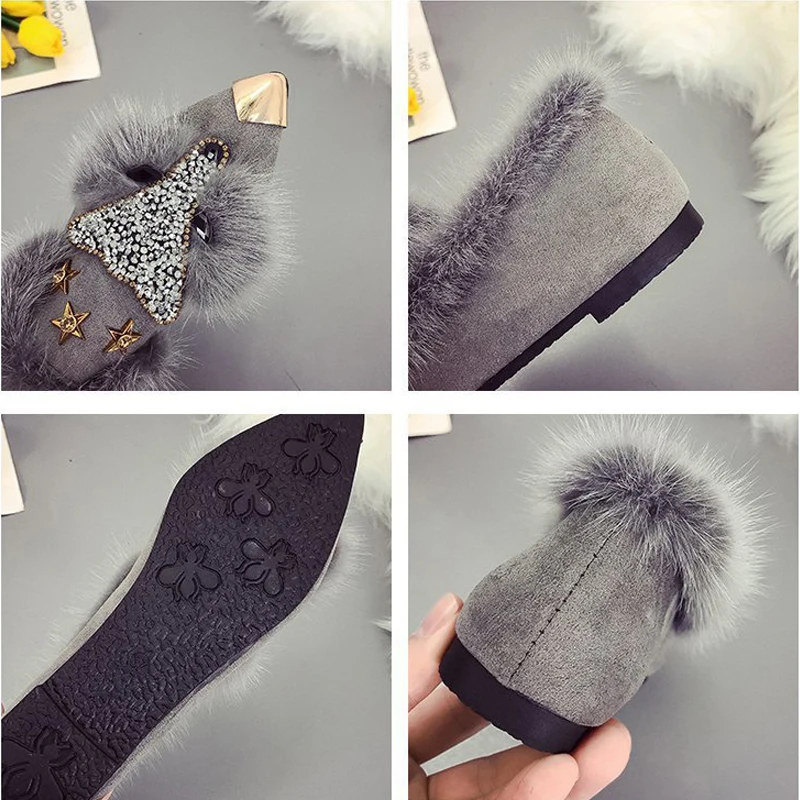 Crystal Fox Pattern Women Loafers Fashion Metal Pointed Toe Fluffy Plush Moccasins Winter Ladies Party Shoes Ballet Flats Shoes