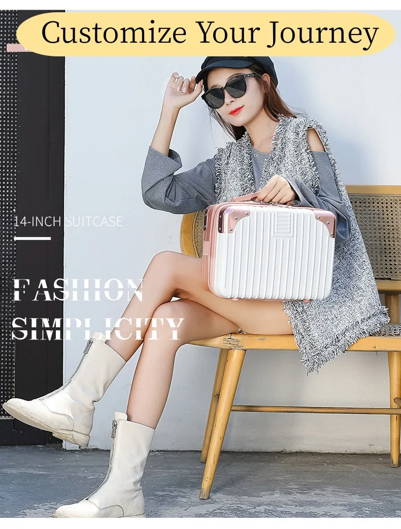 Portable Travel Handheld Luggage for Women Small 14 Inch Makeup Box Lightweight Travel Mini Simple Stripe Suitcase Cosmetic Case