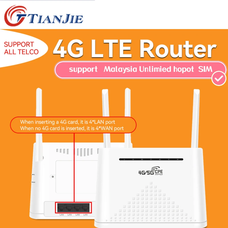 300Mbps High Speed Router Wifi Modem VPN For All TELCO Wi Fi 4*Wan/Lan Ports Wireless 4G LTE CPE Hotspot with 4G Sim Card Slot